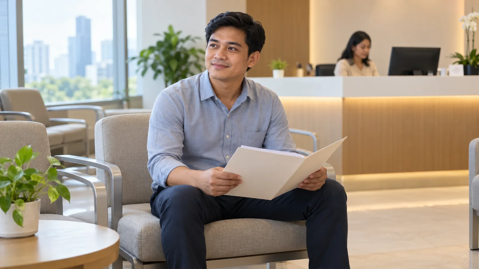 A Filipino man holds a folder of papers in a bright Makati clinic waiting room with a receptionist behind him.