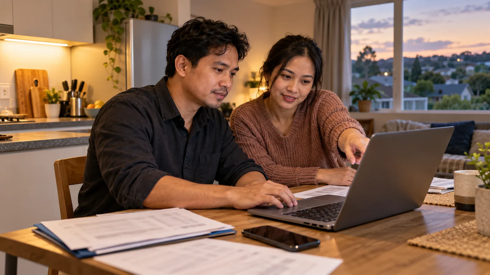 A Filipino couple reviews a laptop and paperwork at a kitchen table in their New Zealand flat.