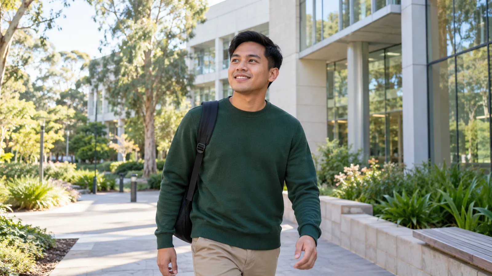 A Filipino graduate walks beside an Australian university health-sciences building.