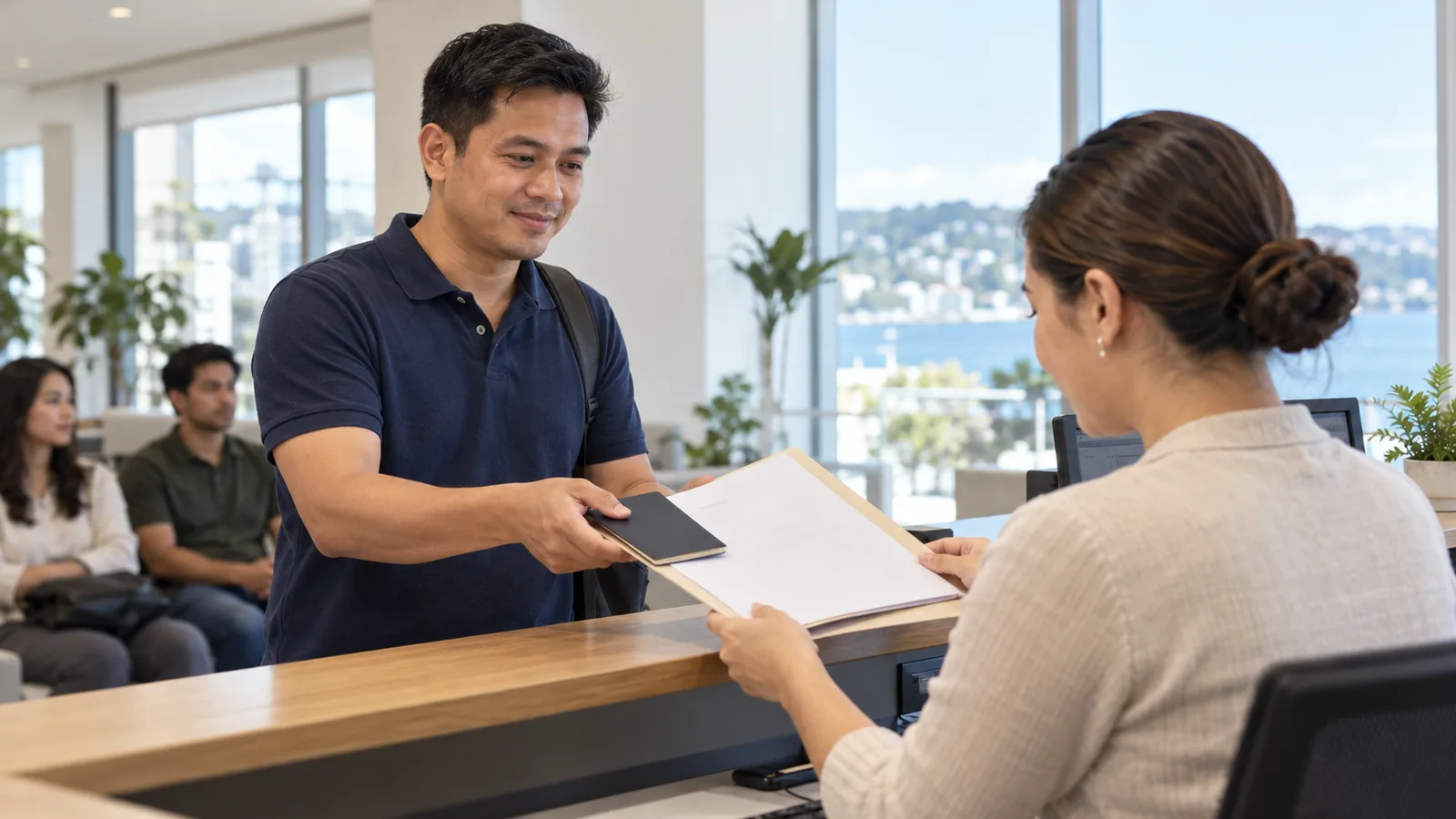 A Filipino worker hands papers and a passport to a staff member for review at a bright embassy service counter.