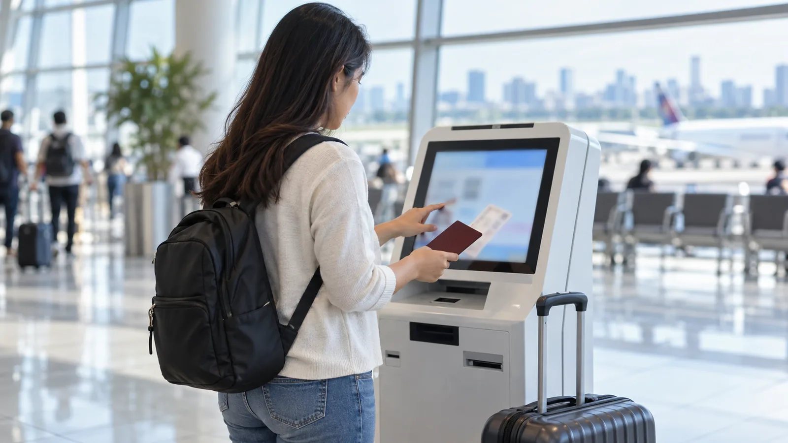 Filipino traveller holding a passport and document at an airport kiosk with a suitcase beside her.