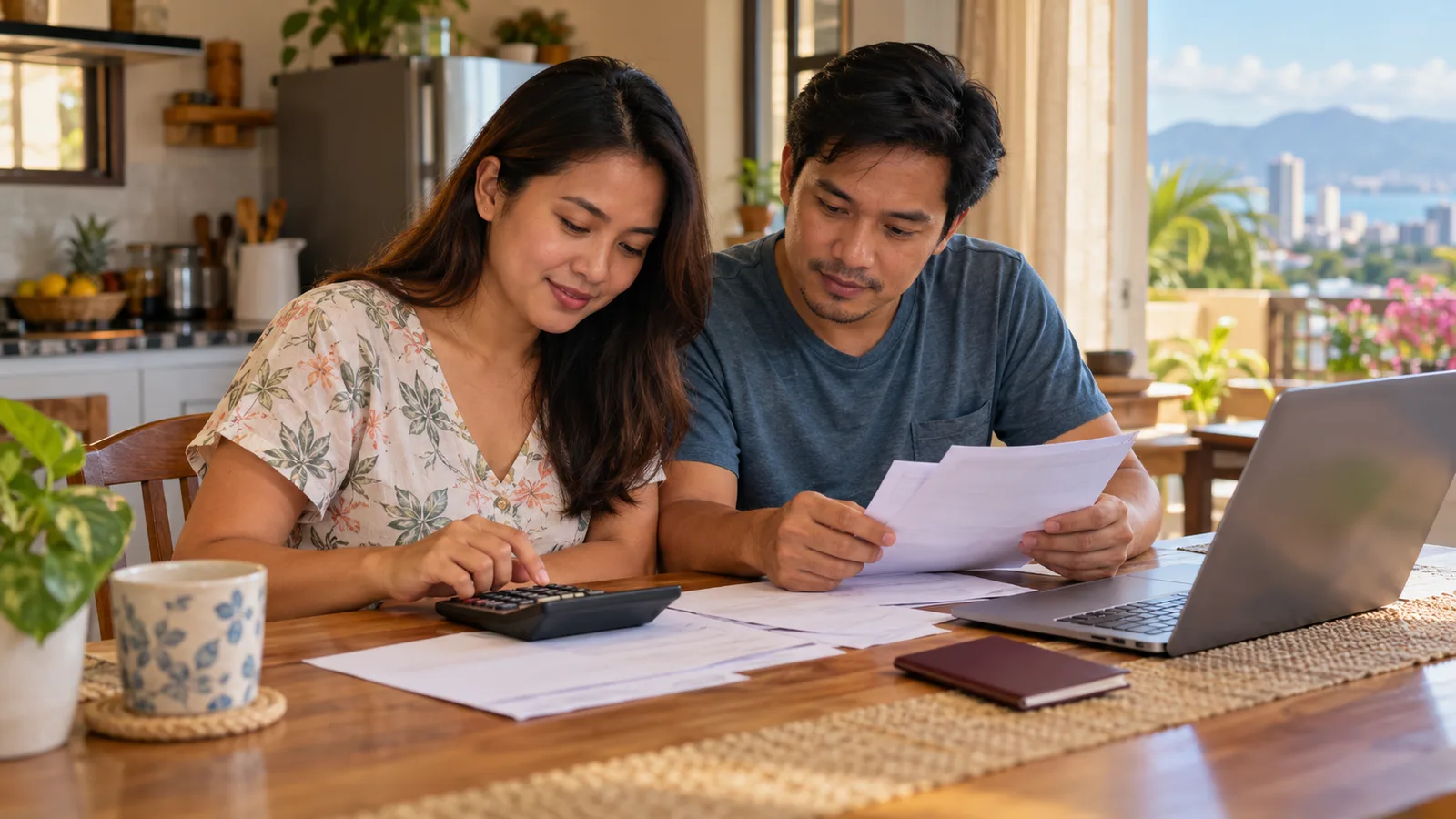 Filipino couple reviewing moving costs with a calculator, papers and laptop at their kitchen table in Cebu City.