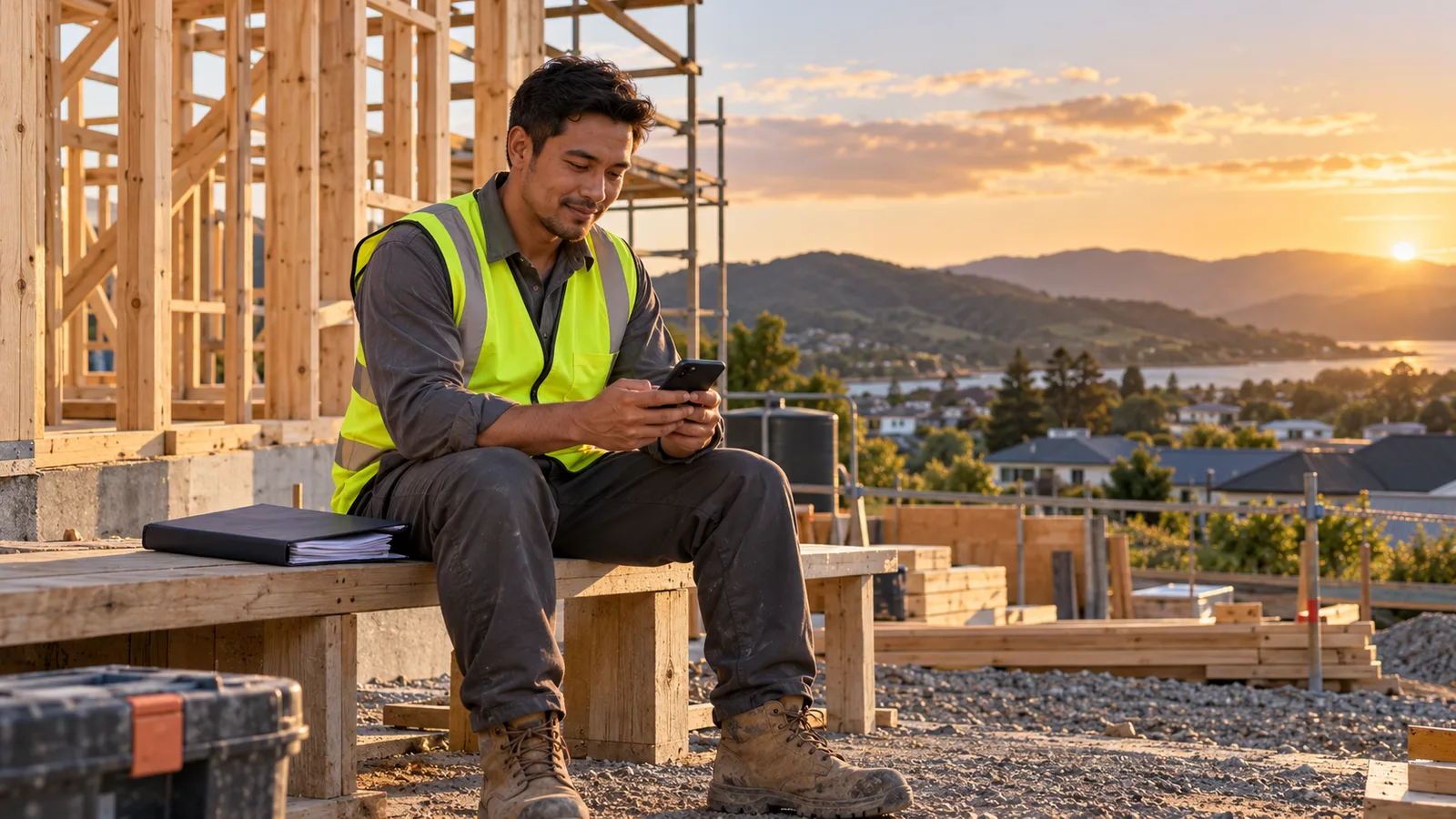 Filipino tradesperson checks his phone on a bench at a New Zealand building site, with a folder beside him at sunset.