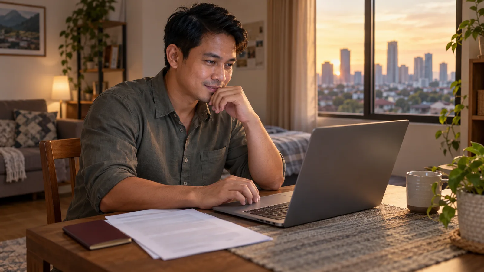A Filipino worker reviews his laptop beside contract papers and a closed passport at home in the evening.