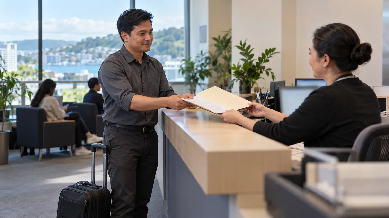 A Filipino worker hands papers to a staff member across an office counter, with a carry-on bag beside him.