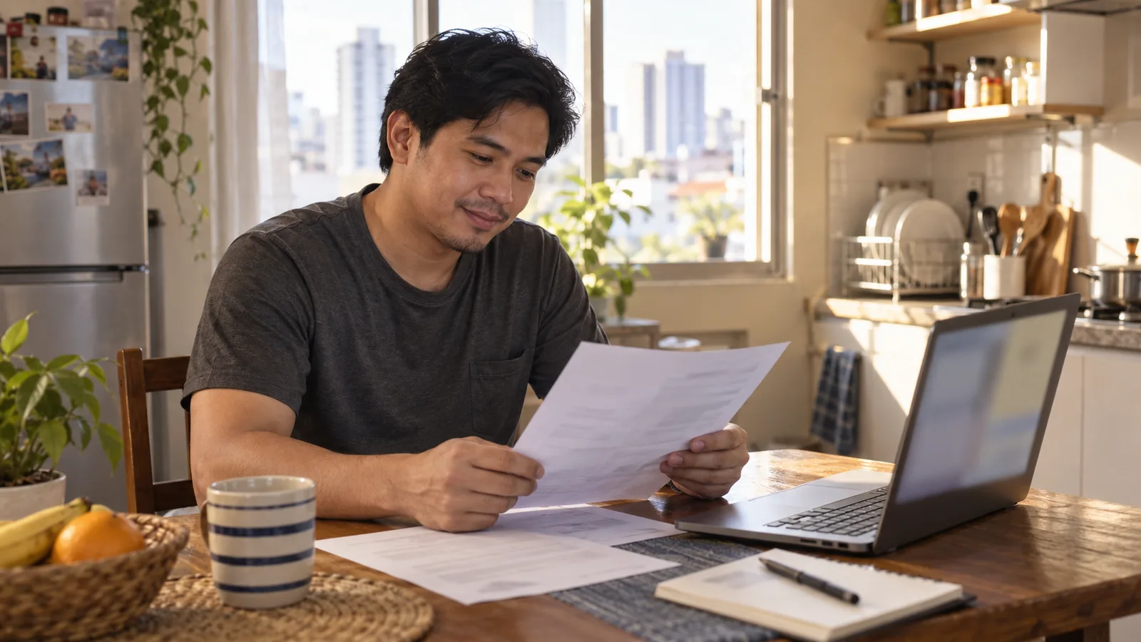 A Filipino worker reviews a printed contract beside an open laptop at a sunlit kitchen table in his Manila apartment.