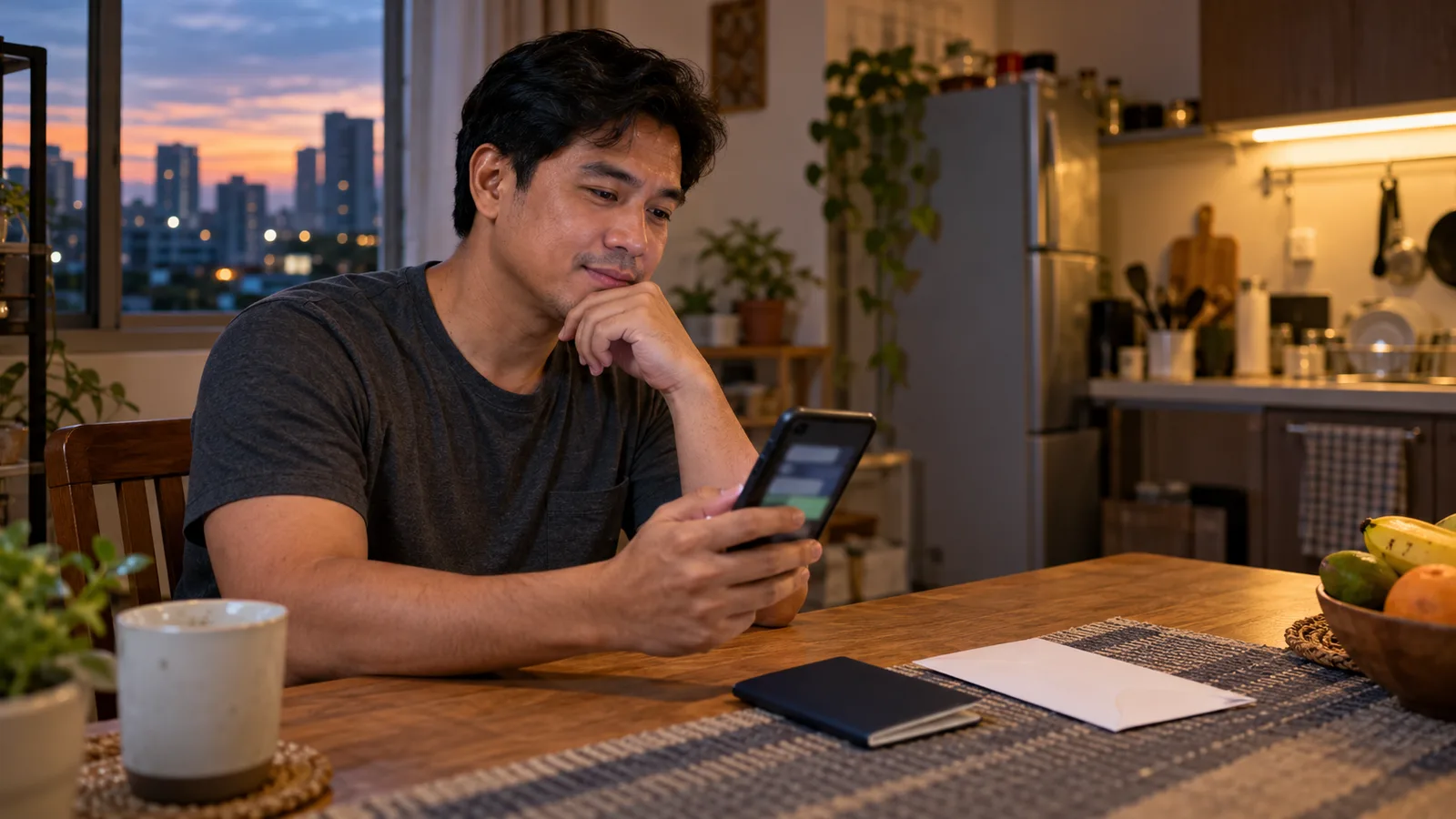 A Filipino man studies a blurred phone chat at his kitchen table at dusk, with a closed passport and envelope nearby.