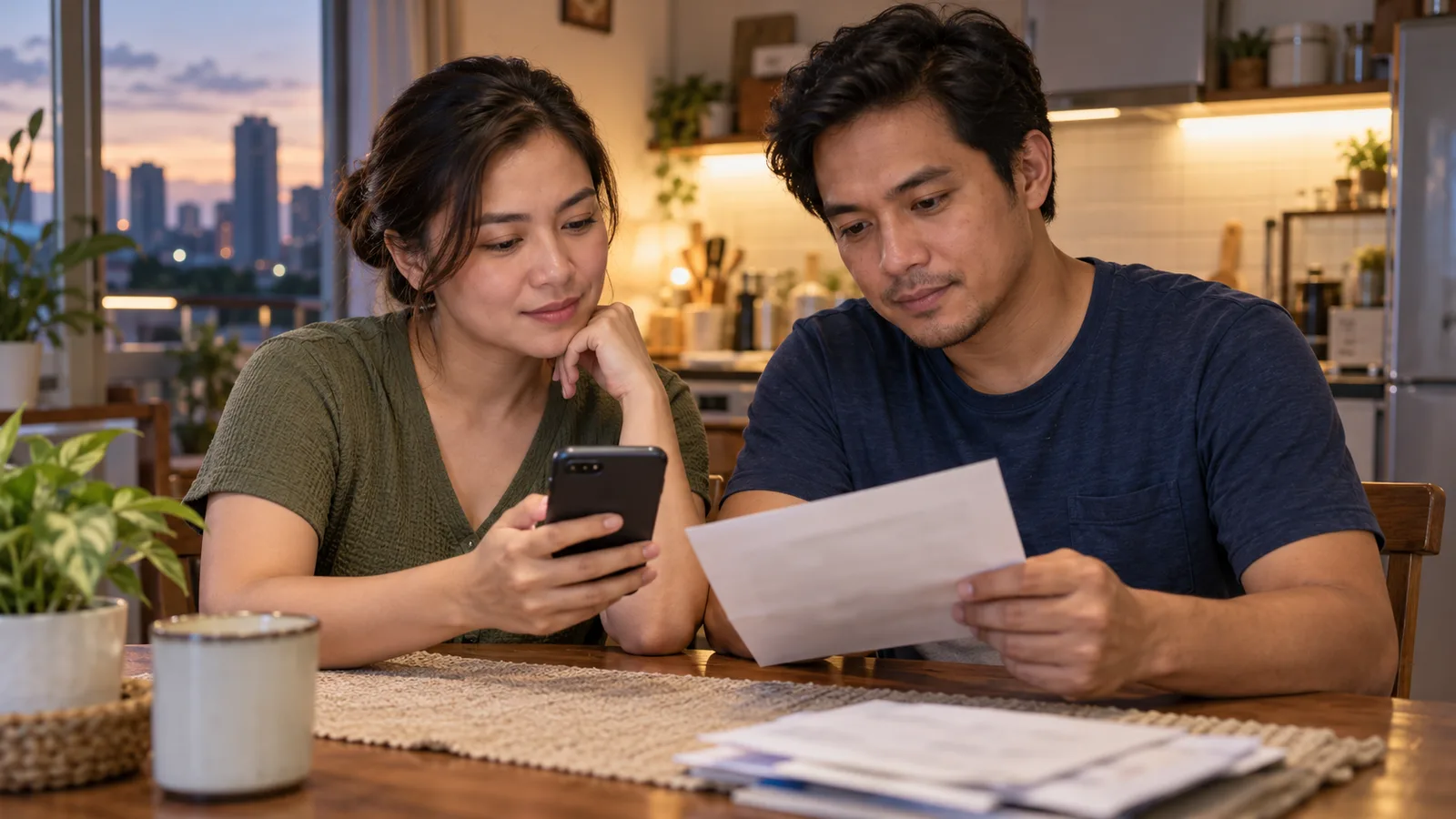 A Filipino couple compares a phone screen with a letter at their kitchen table in the evening.