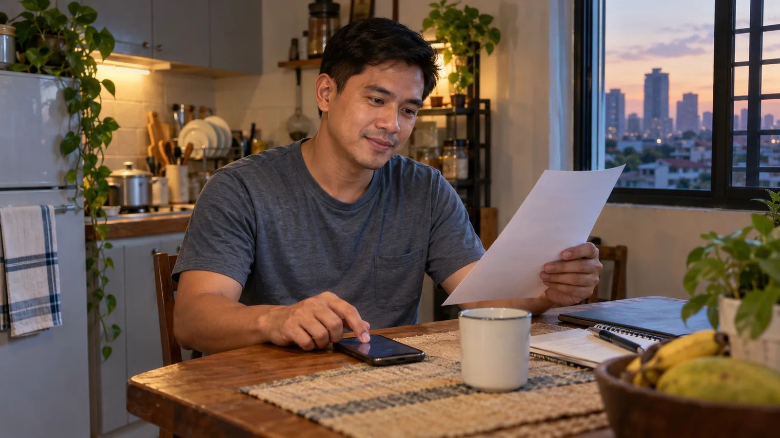 A Filipino worker sits at a kitchen table at dusk, comparing a printed job offer with a calculator on his phone.