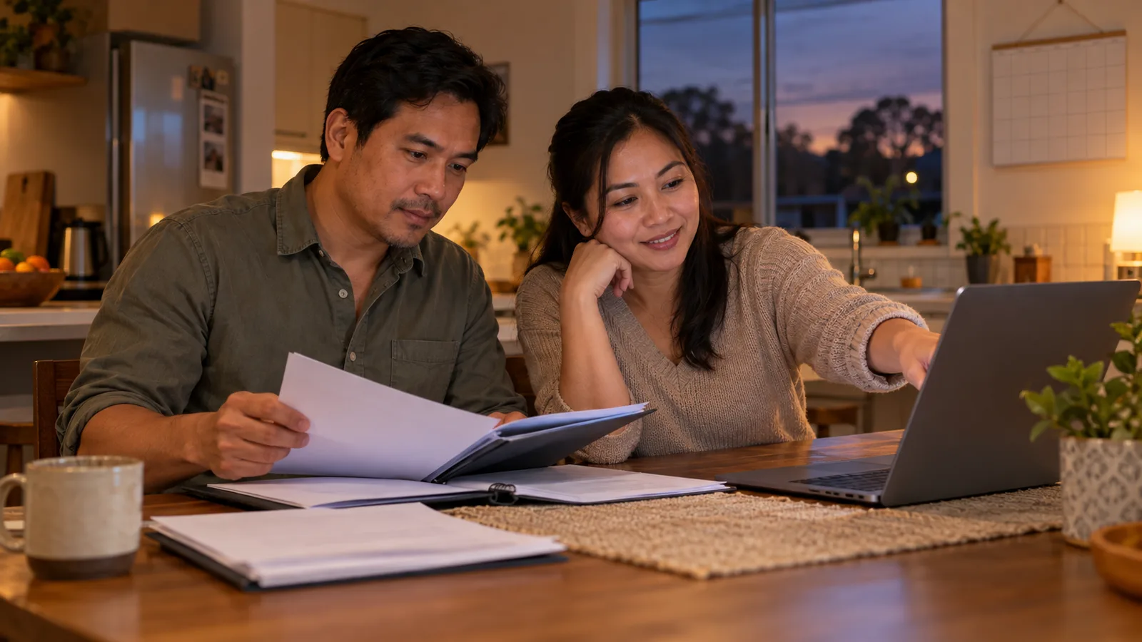 A Filipino couple reviews papers and a laptop at their warmly lit kitchen table in Australia.