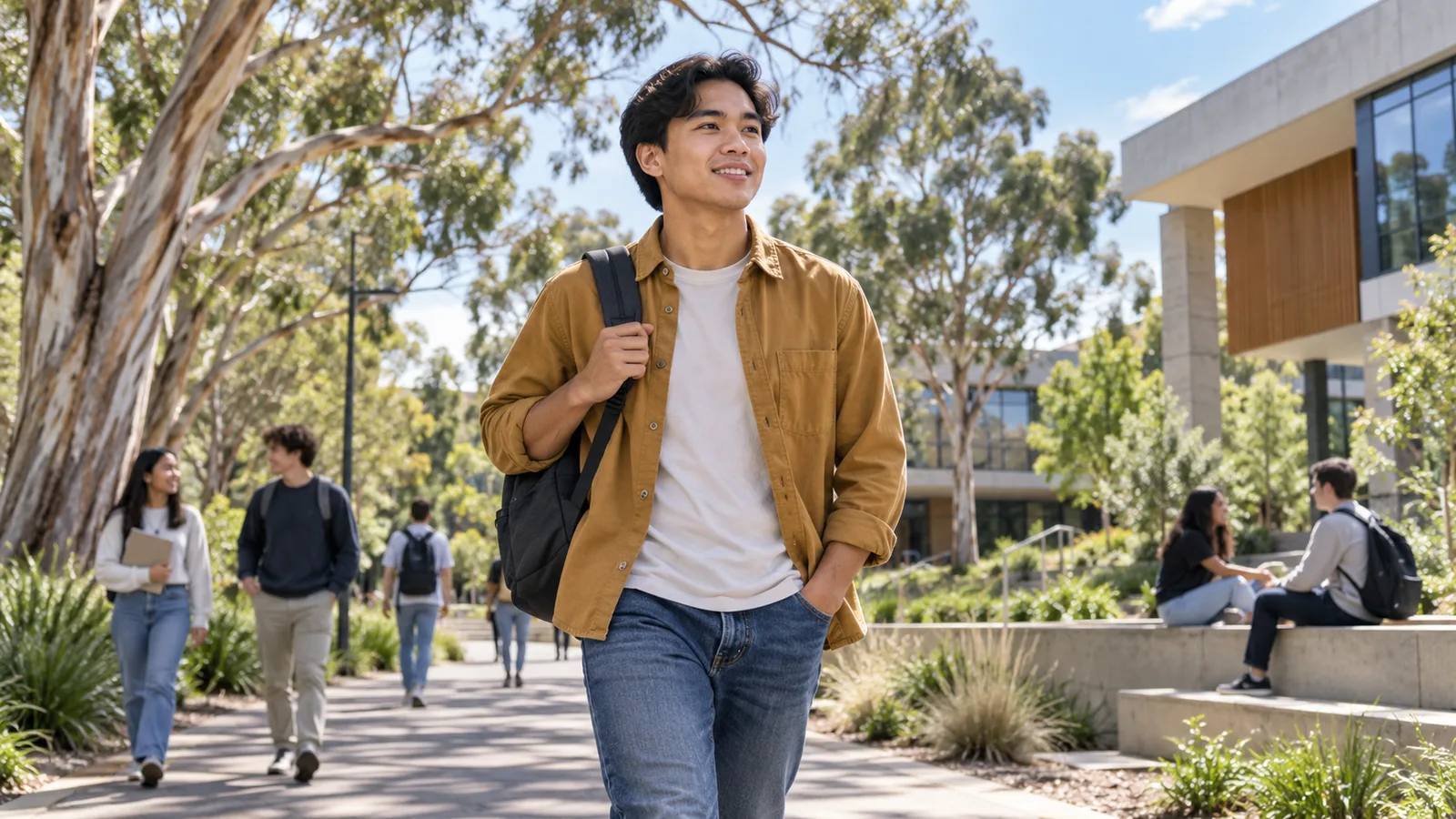 A Filipino student walks confidently through an Australian university campus with a backpack.