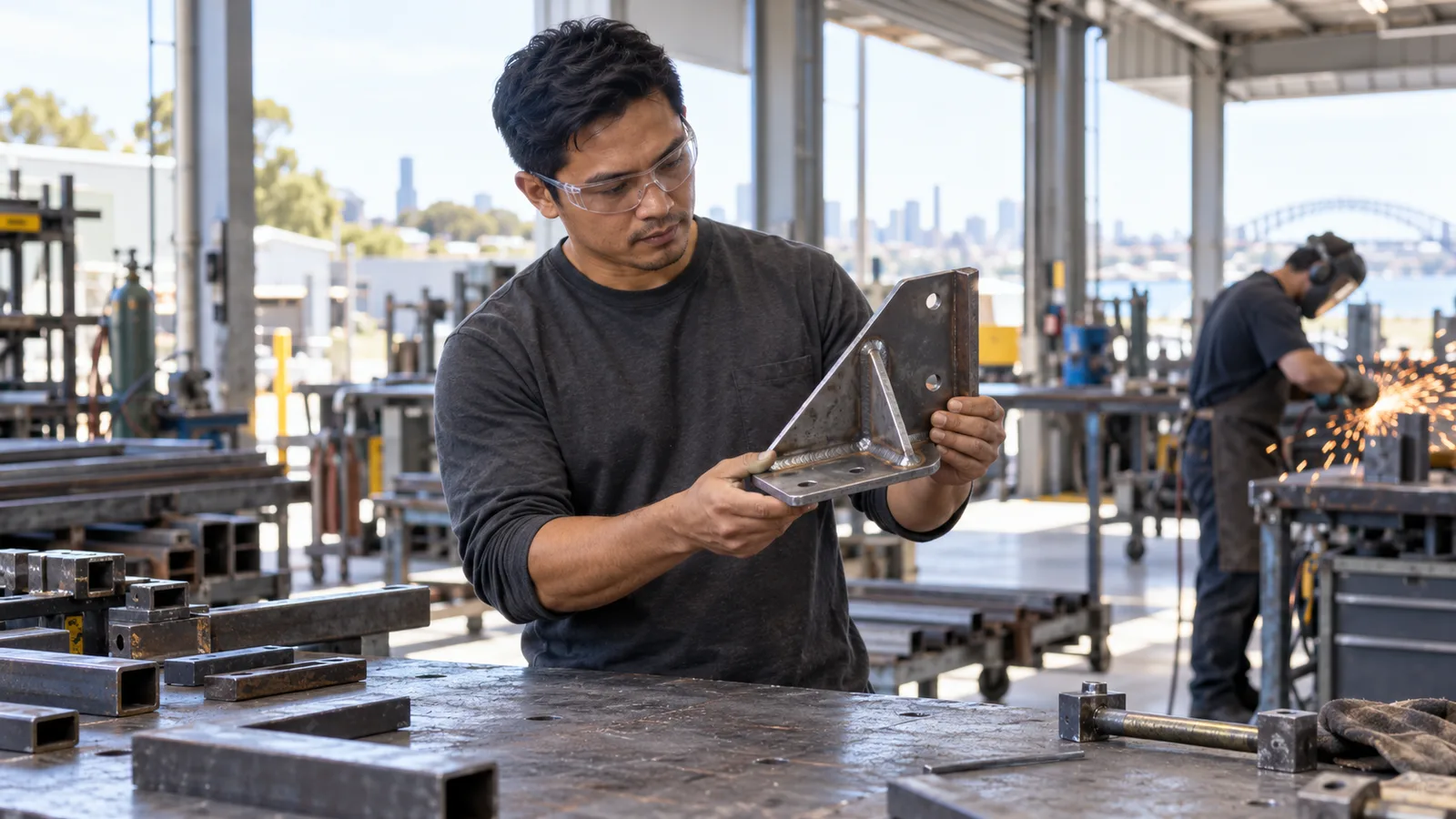 Filipino metal fabricator inspects a welded steel bracket at a workbench while a colleague grinds metal behind him.
