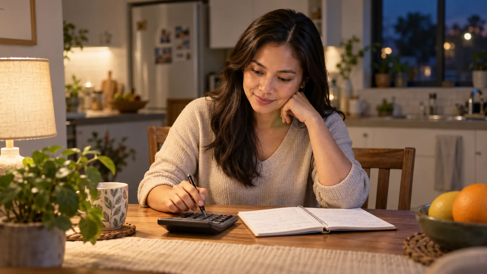 A Filipino woman works out costs with a calculator and notebook at her warmly lit kitchen table in the evening.