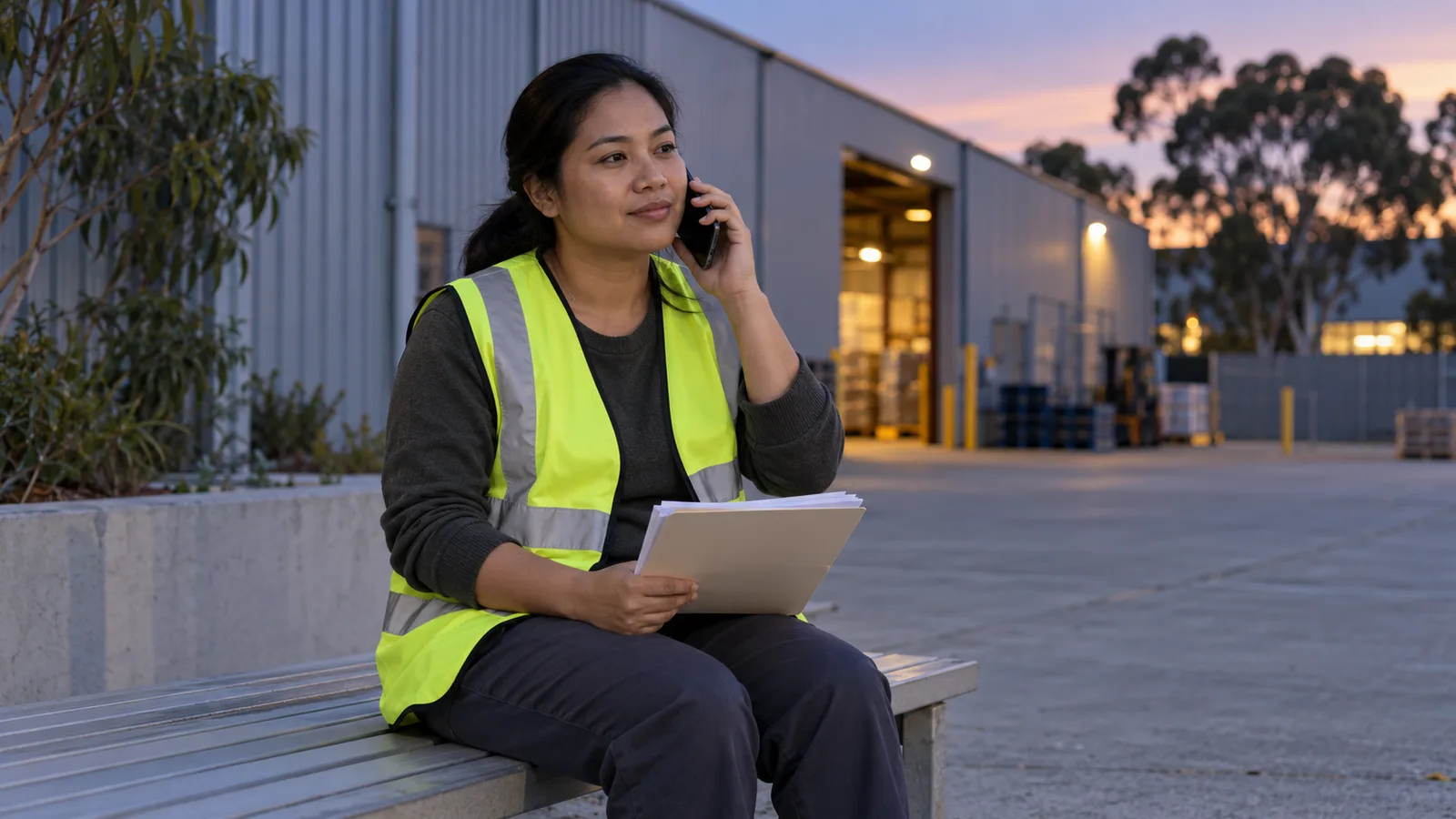 A Filipino worker in a safety vest sits outside an Australian warehouse at dusk, holding papers and talking on her phone.