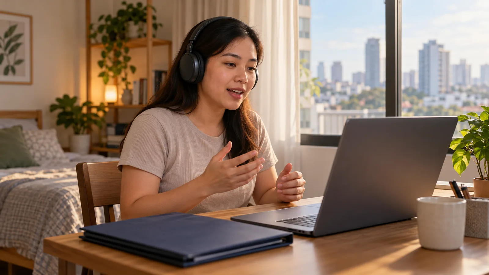 Filipino woman wearing headphones practises English on a laptop beside a closed folder in her sunlit apartment.