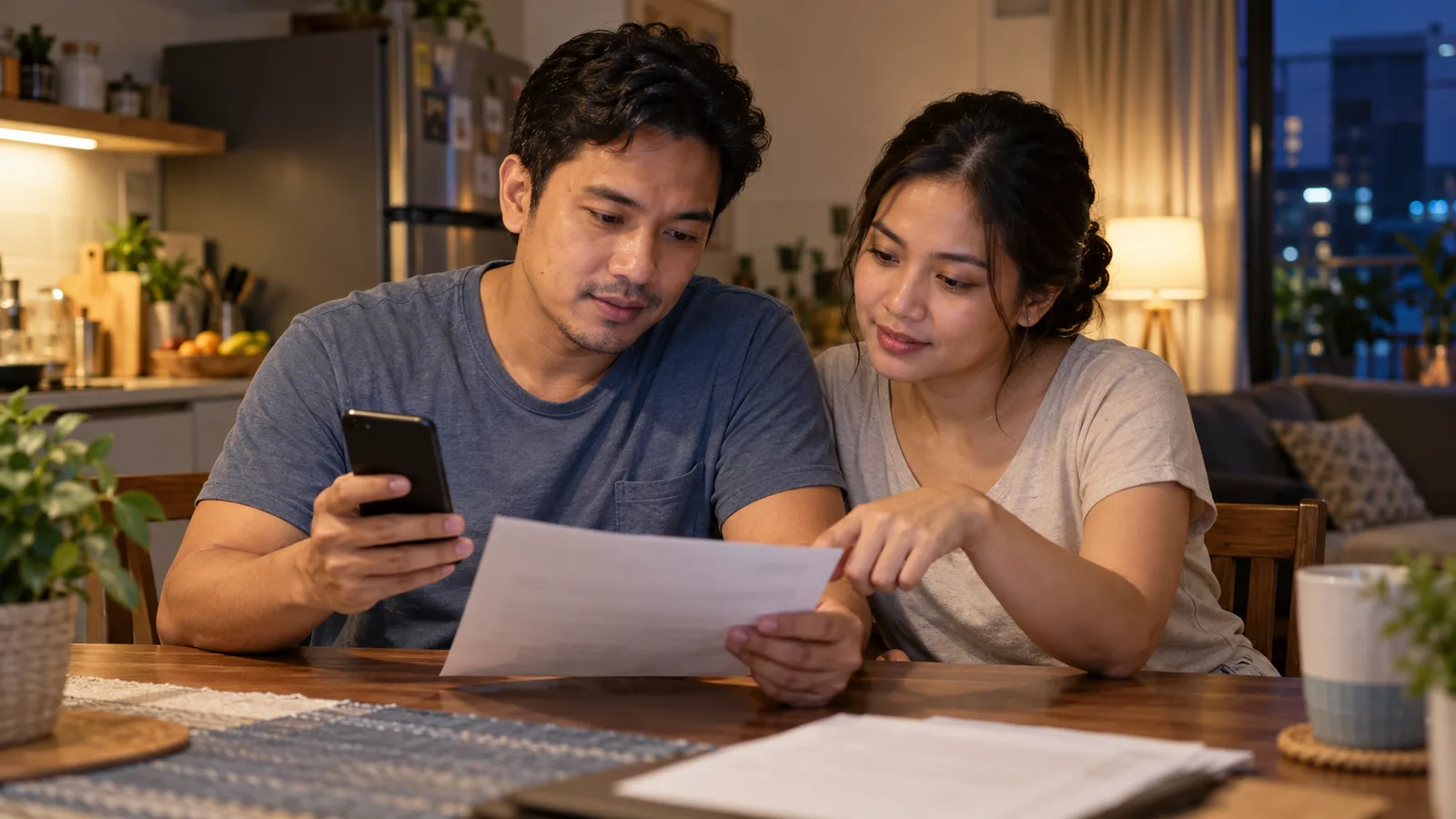 A Filipino couple reviews a job offer with a phone at their kitchen table under warm evening light.